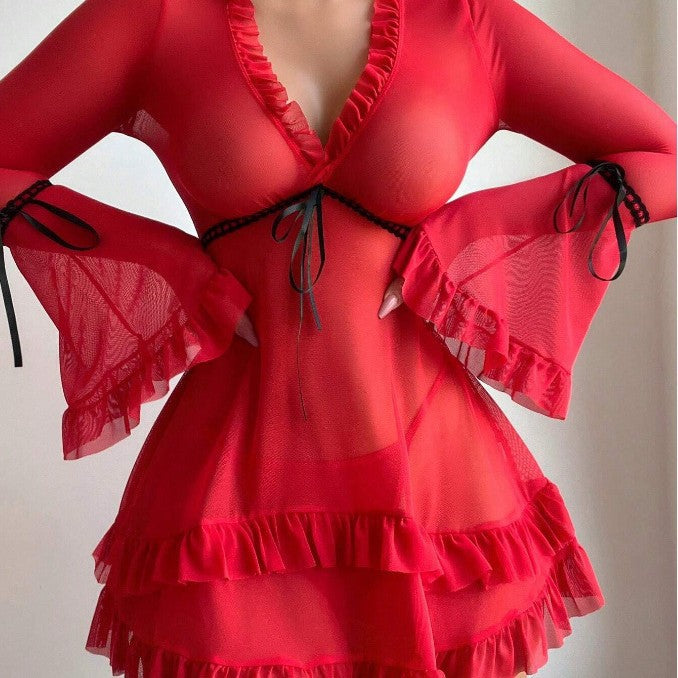 Damen transparentes Strandkleid mit voluminösen Rüschen und langen Ärmeln Echo Archiv