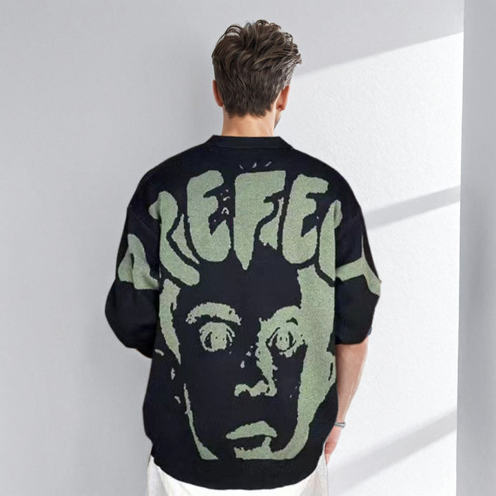 Herren Oversized-Strickpullover mit großflächigem Jacquard-Gesichtsmotiv und geripptem Saum Echoarchiv