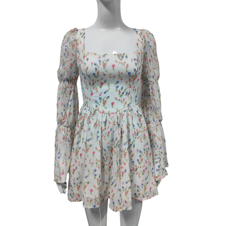 Damen Sommerliches Chiffon-Minikleid mit quadratischem Ausschnitt, Puffärmeln und taillierter Empire-Linie Echoarchiv