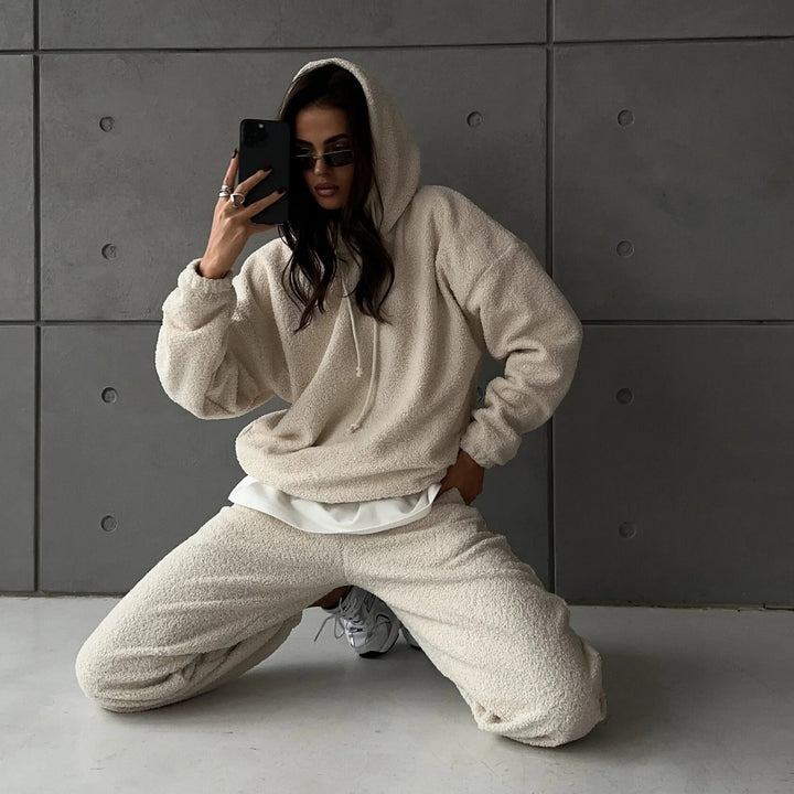 Damen Kuscheliges Sherpa-Loungewear-Set mit Oversized-Kapuzenpullover und weiten Bündchenhosen – Auréline