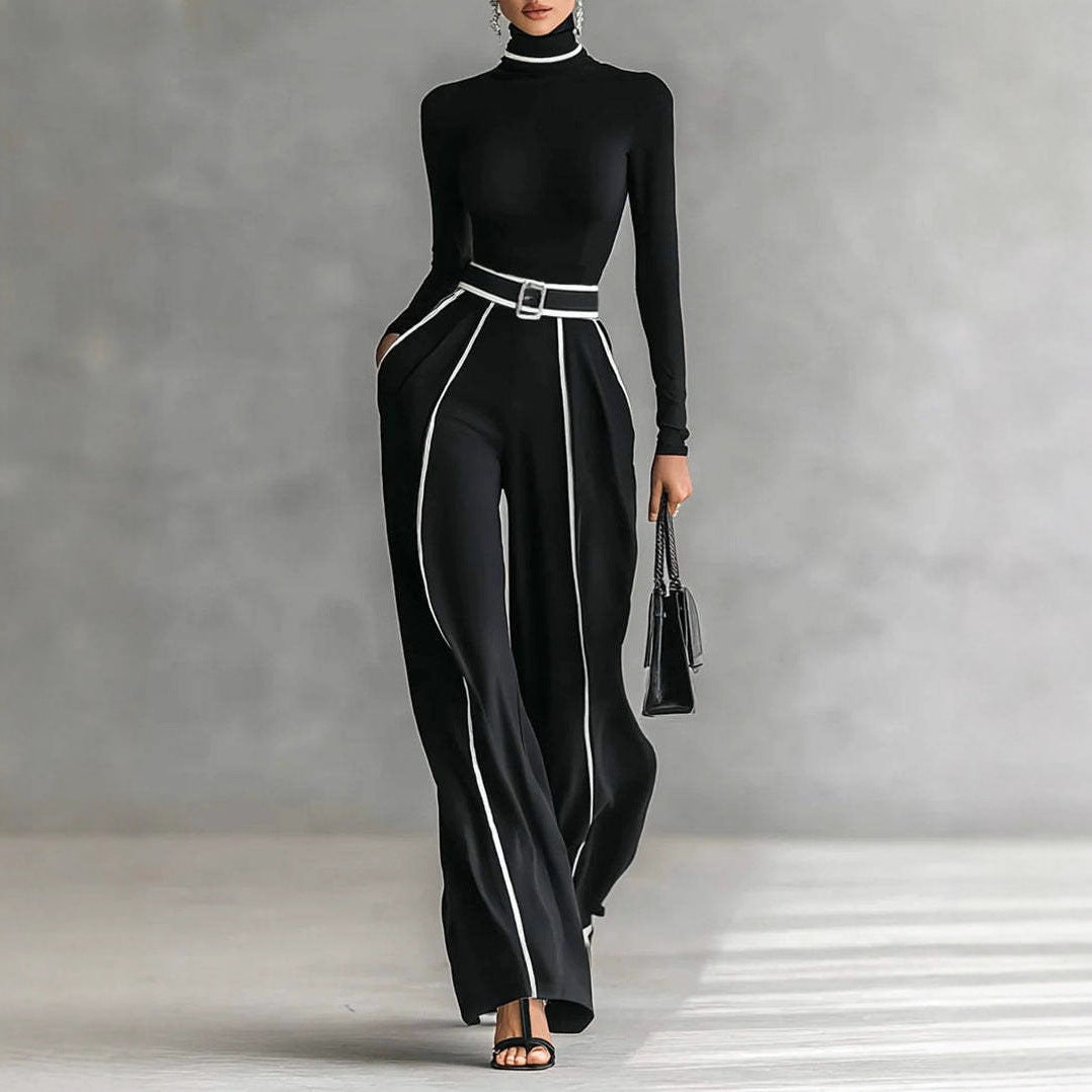 Damen nan elegantes Strickset mit tailliertem Rollkragenoberteil und weiter Plisseehose mit Taillengürtel Echo Archiv