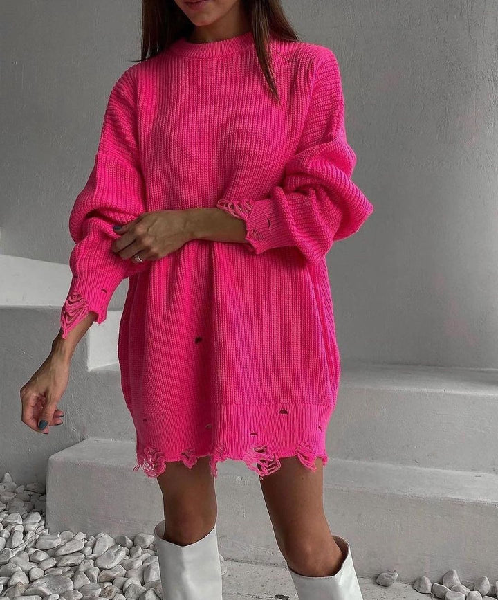 Damen Oversized Strickkleid mit Destroyed-Saum und Ballonärmeln Echoarchiv