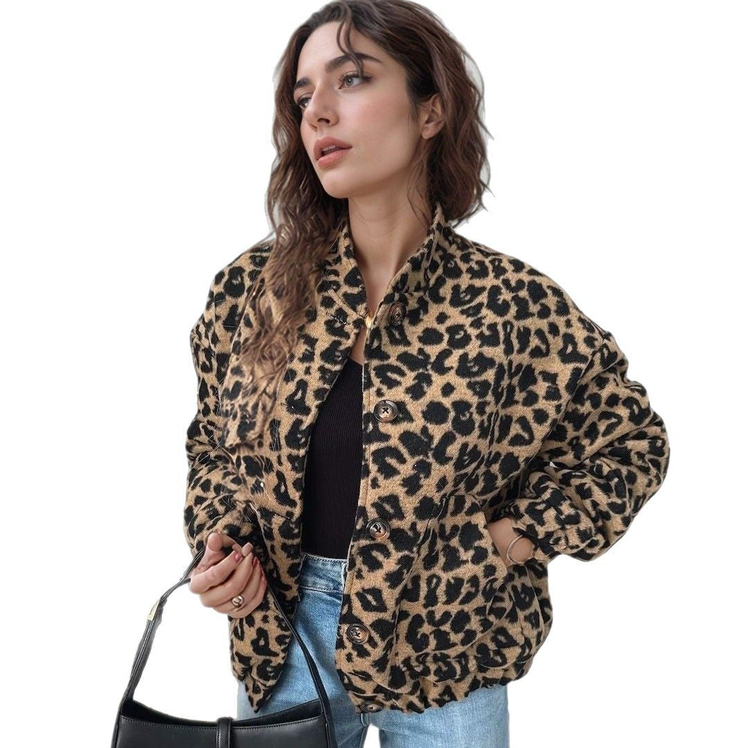 Damen nan kurze weite Teddyjacke mit Leopardenmuster und verdeckter Knopfleiste Echo Archiv