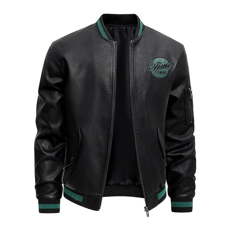 Men's retro varsity leather-effect bomber jacket with embroidered chest badge and zip sleeve pocket – Brevano