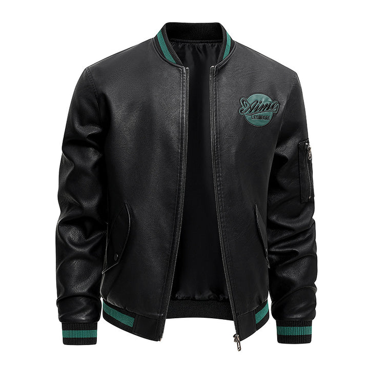 Men's retro varsity leather-effect bomber jacket with embroidered chest badge and zip sleeve pocket – Brevano
