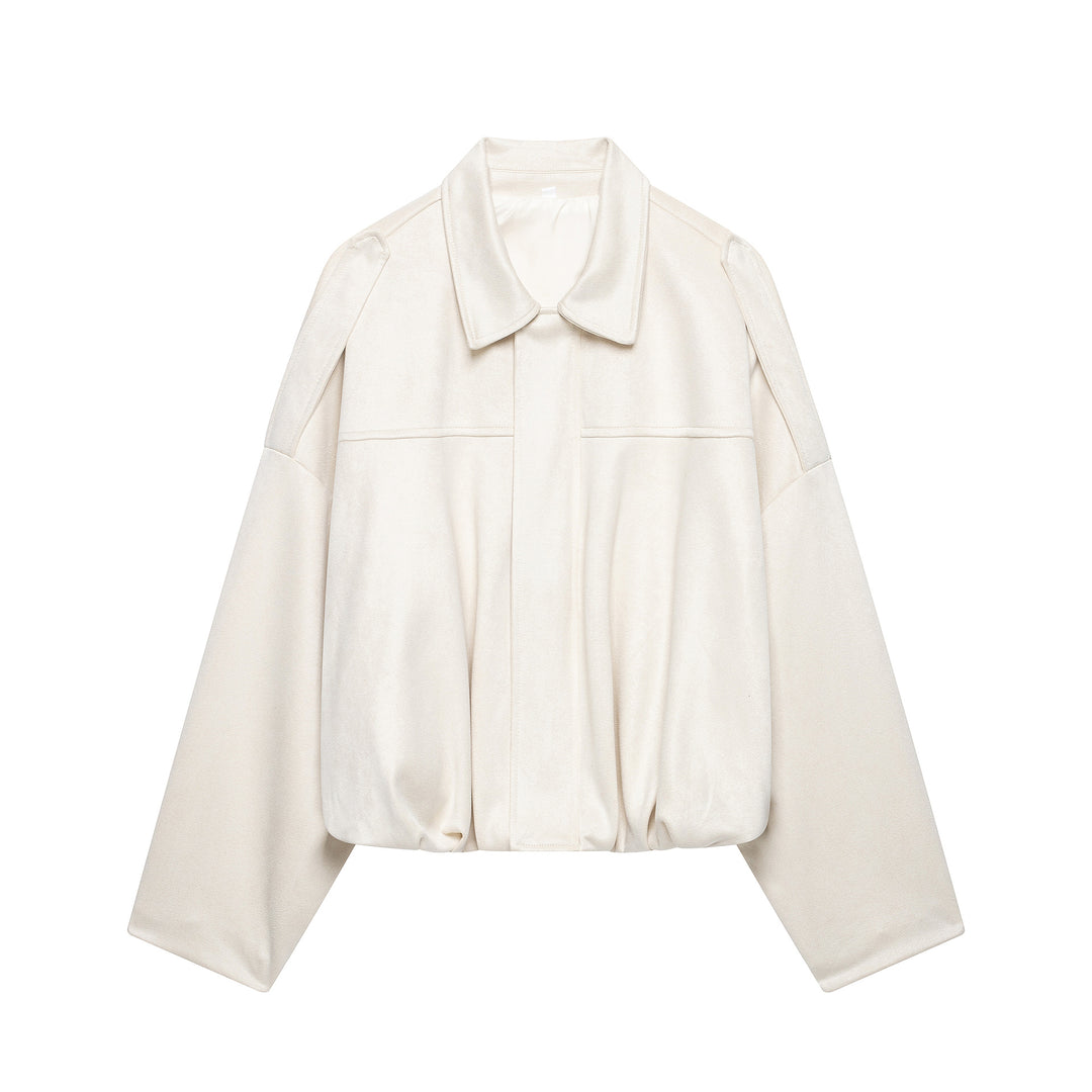 Damen Cropped-Boxy-Jacke aus Veloursoptik mit Hemdkragen, weiten Raglanärmeln und Tunnelzug Echoarchiv