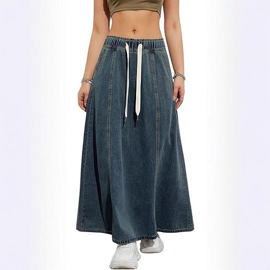 Damen Langer A-Linien Jeansrock mit elastischem Bund und Kordel Echoarchiv