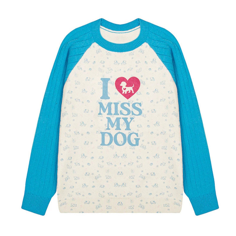 Damen Strickpullover mit Raglanärmeln, Allover-Hundemotiv und Statement-Print Echoarchiv