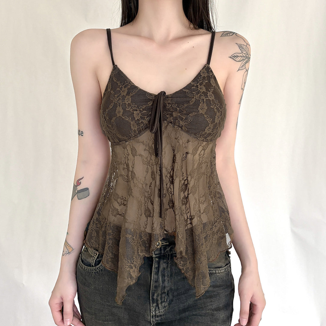Damen Spitzen-Tanktop mit asymmetrischem Schnitt und dekorativem Bindeband Echo Archiv