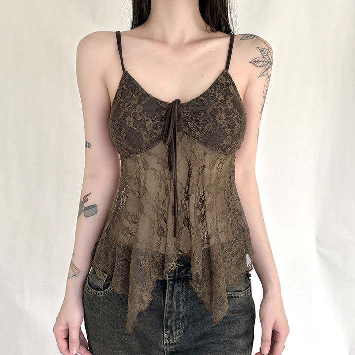 Damen Spitzen-Tanktop mit asymmetrischem Schnitt und dekorativem Bindeband Echo Archiv