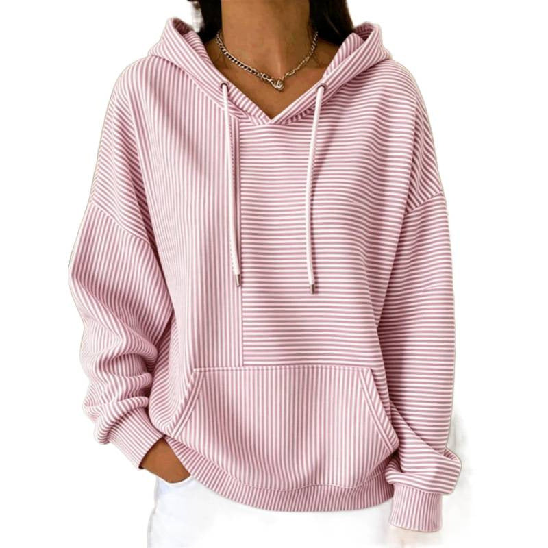 Damen Oversize Kapuzenpullover mit feinem Streifenprint, Kängurutasche und V-Ausschnitt-Kapuze – Auréline