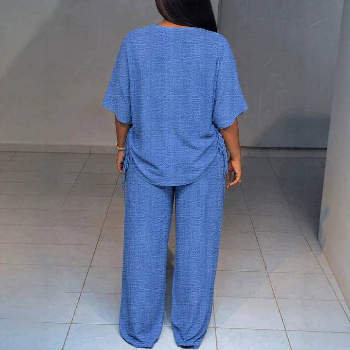 Damen Oversize-Lounge-Set mit V-Ausschnitt, seitlicher Raffung und weiter Palazzohose – Élanora