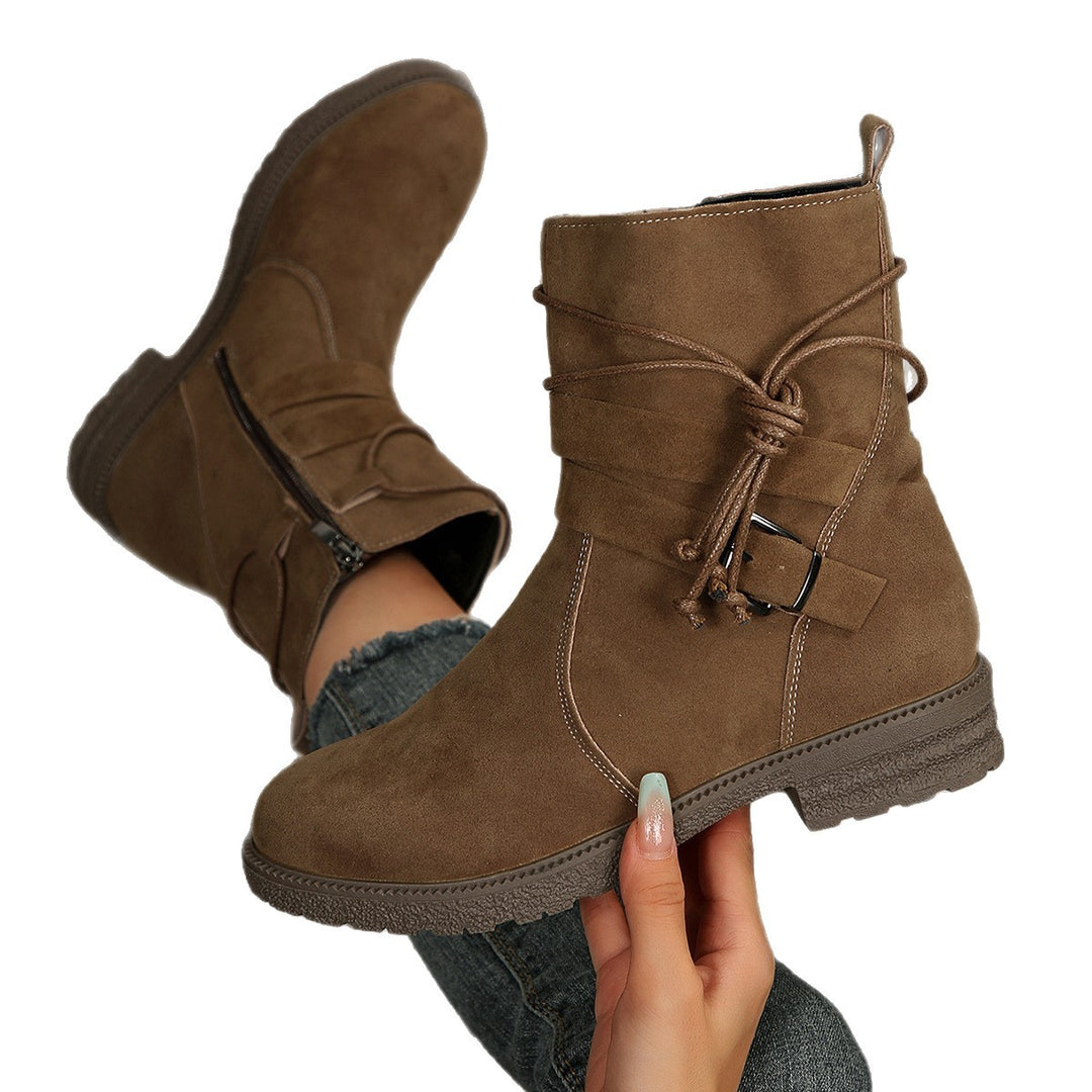 Damen nan knöchelhohe Velourslederoptik-Stiefelette mit Leopardenprint-Falte, seitlichem Reißverschluss und dekorativer Schnalle Echo Archiv