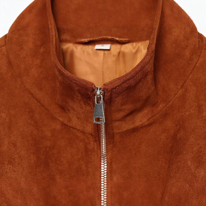 Damen Kurzgeschnittener Wildleder-Blouson mit Stehkragen und Reißverschluss Echo Archiv
