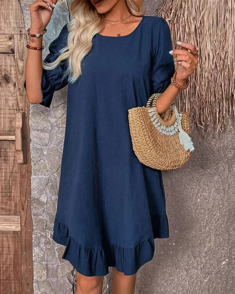 Damen nan legeres A-Linien-Kleid mit Volant-Saum und Dreiviertel-Ärmeln aus Leinenmix Echo Archiv