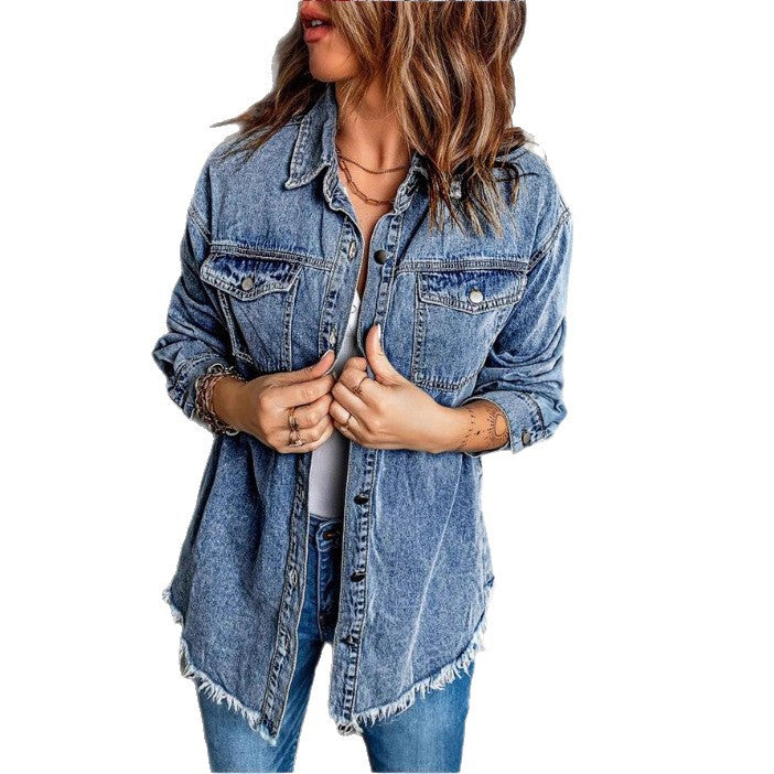Damen Oversized Denim‑Hemdjacke mit Pattentaschen, Used‑Look und rohem Saum Echo Archiv
