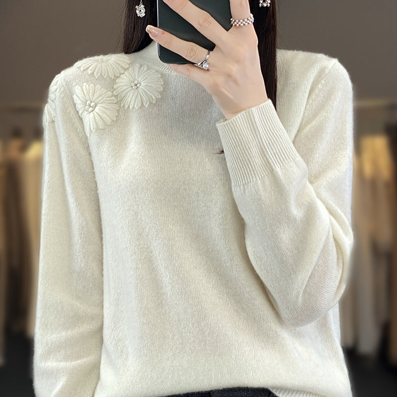 Damen Weicher Feinstrickpullover mit kurzem Stehkragen, 3D‑Blütenapplikation und gerippten Bündchen Echoarchiv