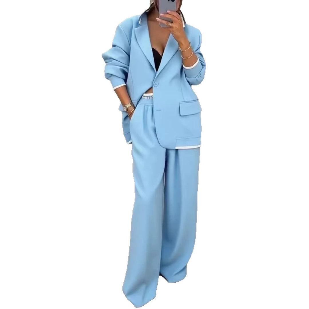 Damen Oversize-Tailoring-Set mit Kontrastpaspel, Single-Button-Blazer und hochgeschnittener Weitbeinhose – Valéne