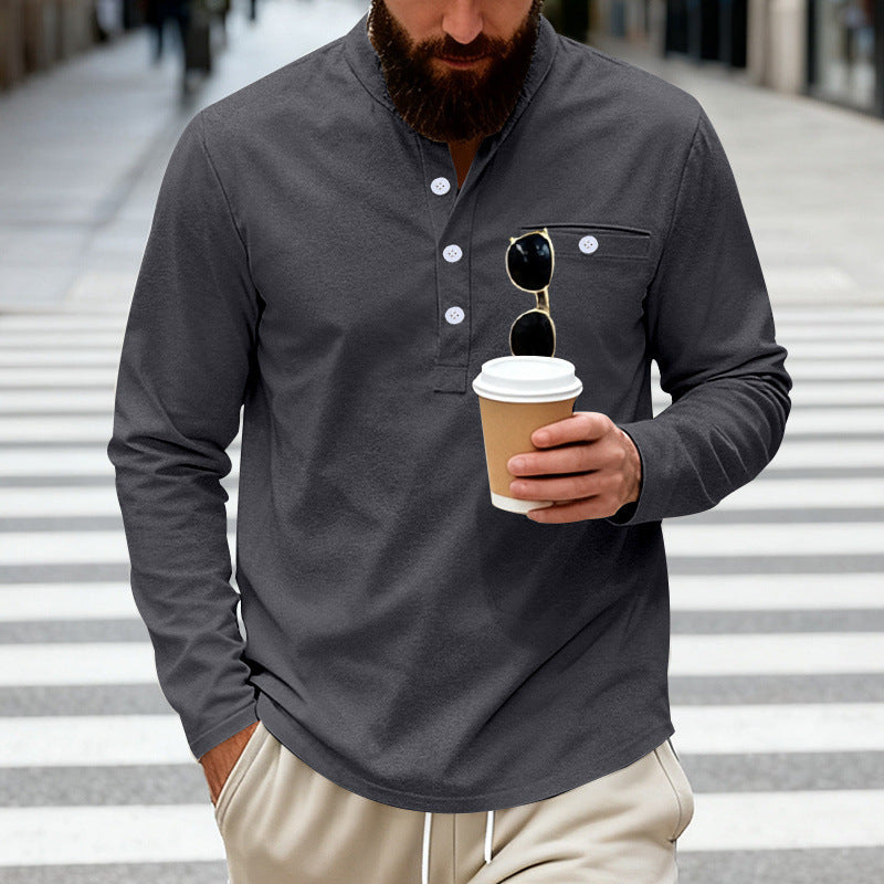 Herren nan lässiges Langarm-Henleyshirt aus Baumwollmischung mit Brusttasche Echo Archiv