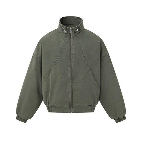 Unisex Boxy-Canvas-Blousonjacke mit hohem Stehkragen, diagonalem Nahtdesign und elastischem Saum Echoarchiv