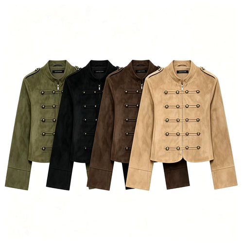 Damen Kurzjacke im Militärstil aus Veloursimitat mit Stehkragen, Epauletten und dekorativer Zierknopfleiste Echoarchiv