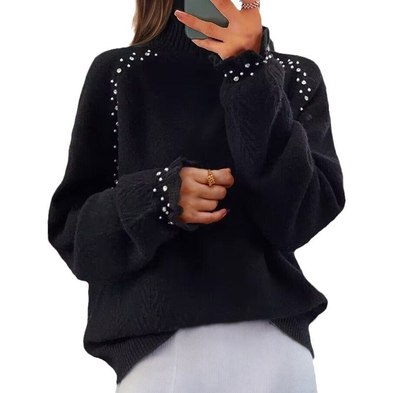 Damen nan Oversize Strickpullover mit Stehkragen und Perlendetails Echo Archiv