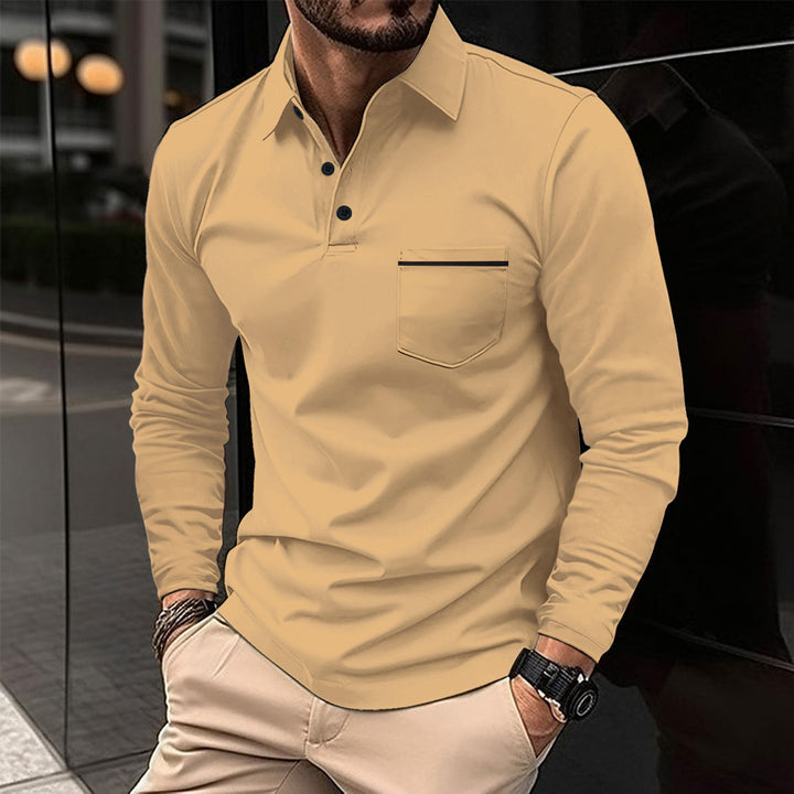 Herren Langarm-Polohemd mit Brusttasche und modischem Stehkragen Echoarchiv