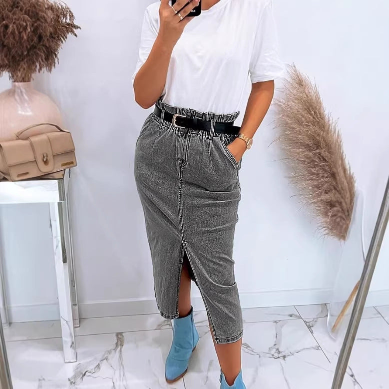 Damen Hochtaillierter Paperbag-Denim-Midirock mit Frontschlitz und Bindegürtel Echo Archiv