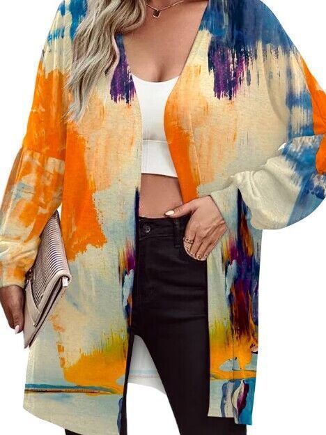 Damen Leichter Offener Longcardigan mit Federmotiv und Oversize-Ärmeln – Veloura