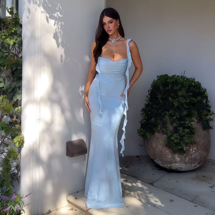 Damen Elegantes Maxi-Kleid mit asymmetrischen Rüschendetails und tiefem V-Ausschnitt Echo Archiv