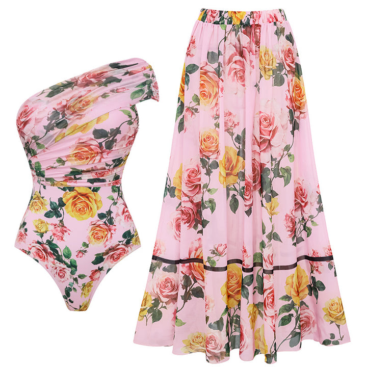 Damen Einseitiger Badeanzug mit floralem Drapierungsdesign Echo Archiv