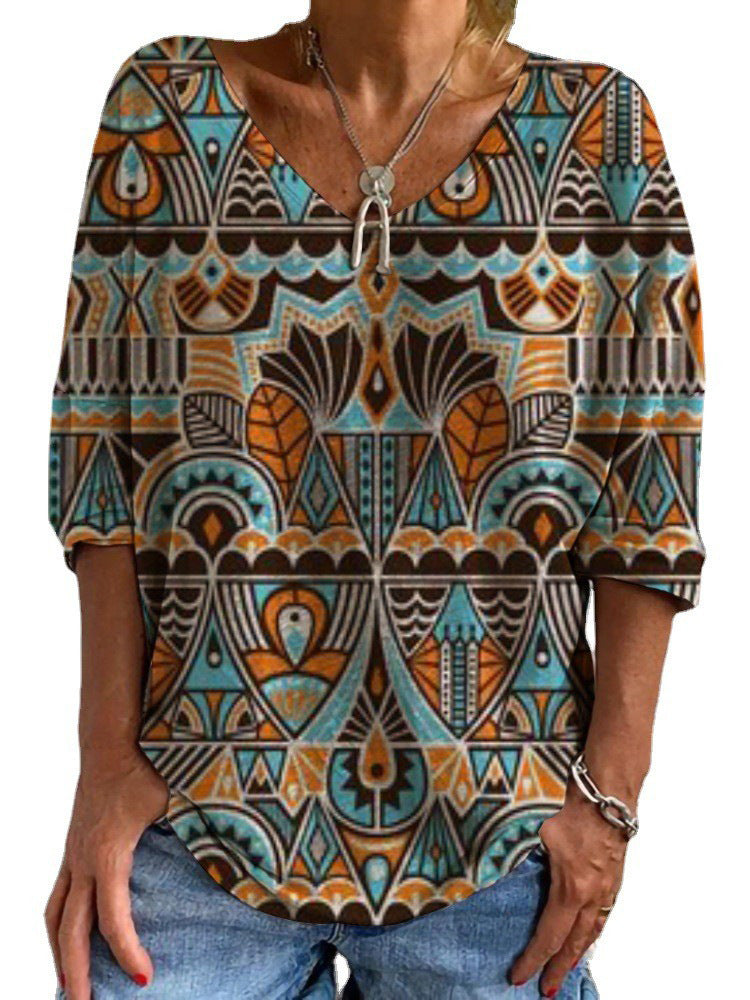 Damen Geometrische Boho-Tunika mit V-Ausschnitt und dreiviertelärmeln – Avérine