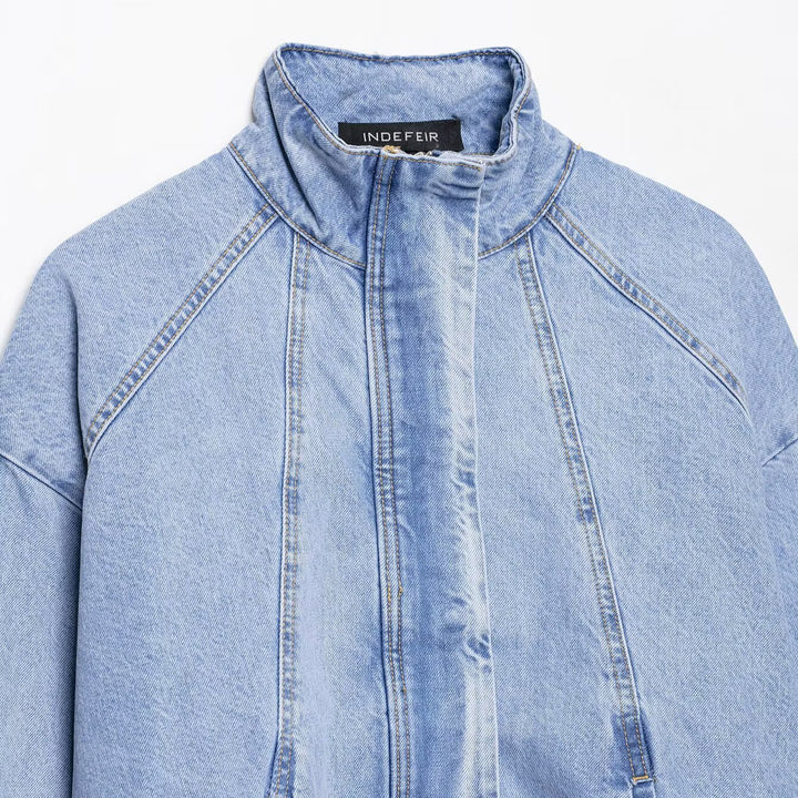 Damen Oversize Denim-Blouson mit hohem Stehkragen und elastischem Saum Echoarchiv