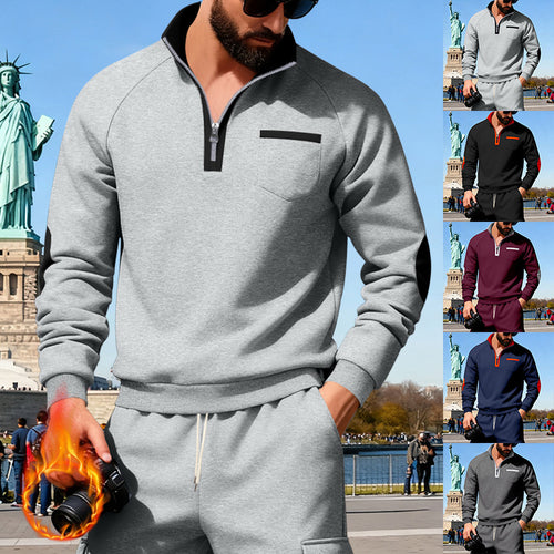 Herren nan Fleece-Quarterzip Pullover mit Brusttasche und Ellbogenpatches Echo Archiv
