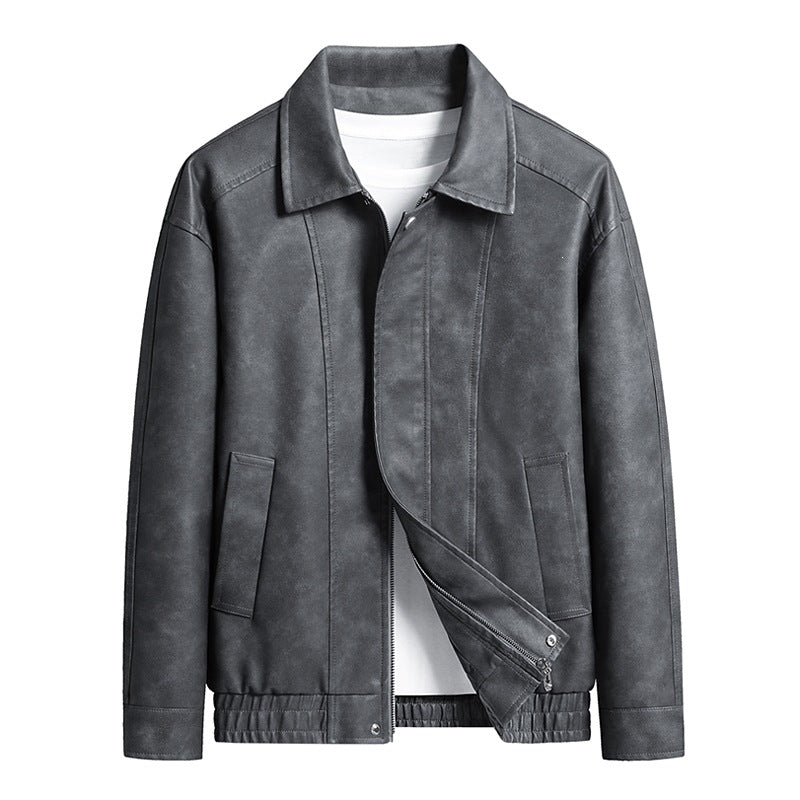 Herren Kurz geschnittene Kunstlederjacke im Vintage‑Look mit Hemdkragen & durchgehendem Reißverschluss Echoarchiv