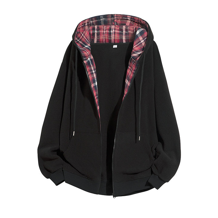 Herren Oversize-Kapuzenjacke mit kariert gefütterter Innenseite, Reißverschluss und Kängurutaschen Echo Archiv