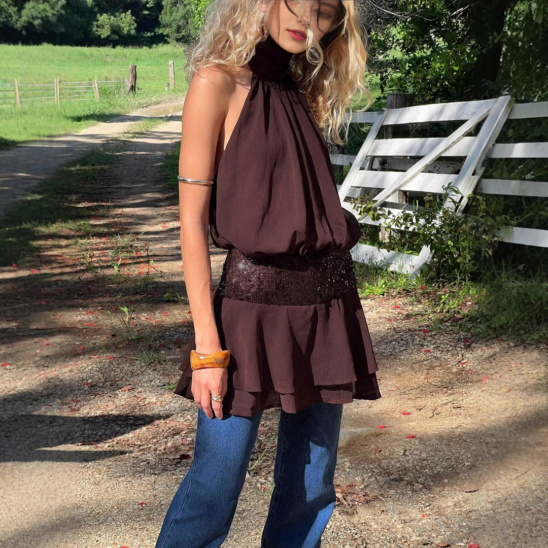 Damen Neckholder Minikleid mit glitzerndem Taillenband und voluminösen Rüschendetails Echo Archiv
