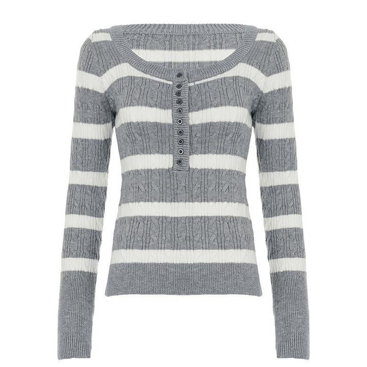 Damen Gestreifter Feinstrick-Pullover mit Zopfmuster und Knopfleiste Echo Archiv
