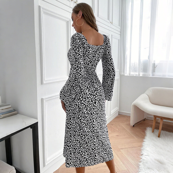 Damen Blumen-Midikleid mit taillierter Wickeloptik und ausgestellten Trompetenärmeln – Élara