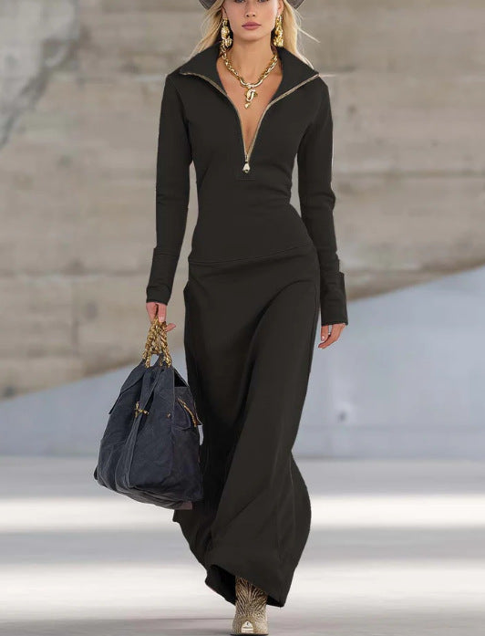 Damen Elegantes Jersey-Maxi-Kleid mit Halbzip-Kragen, taillierter Silhouette und fließendem Rock – Élara