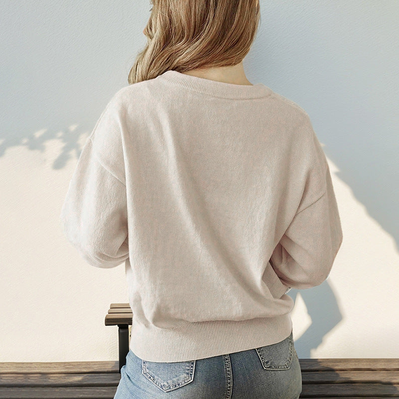 Damen Lockerer Rundhals-Pullover mit überschnittener Schulter und Rippbund Echoarchiv
