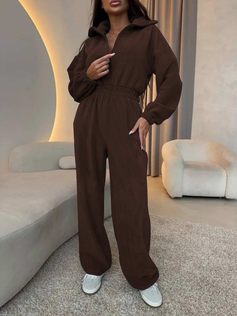 Damen eleganter Lounge-Overall mit elastischer Taillenpartie, Stehkragen, Reißverschluss und weitem Bein – Solévia