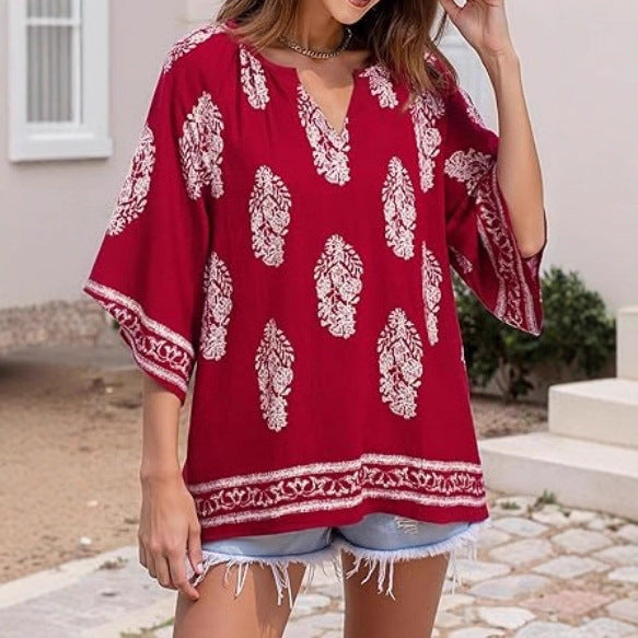 Damen Lockeres Strand-Tunika-Oberteil mit V‑Ausschnitt und Boho‑Print – Orélia