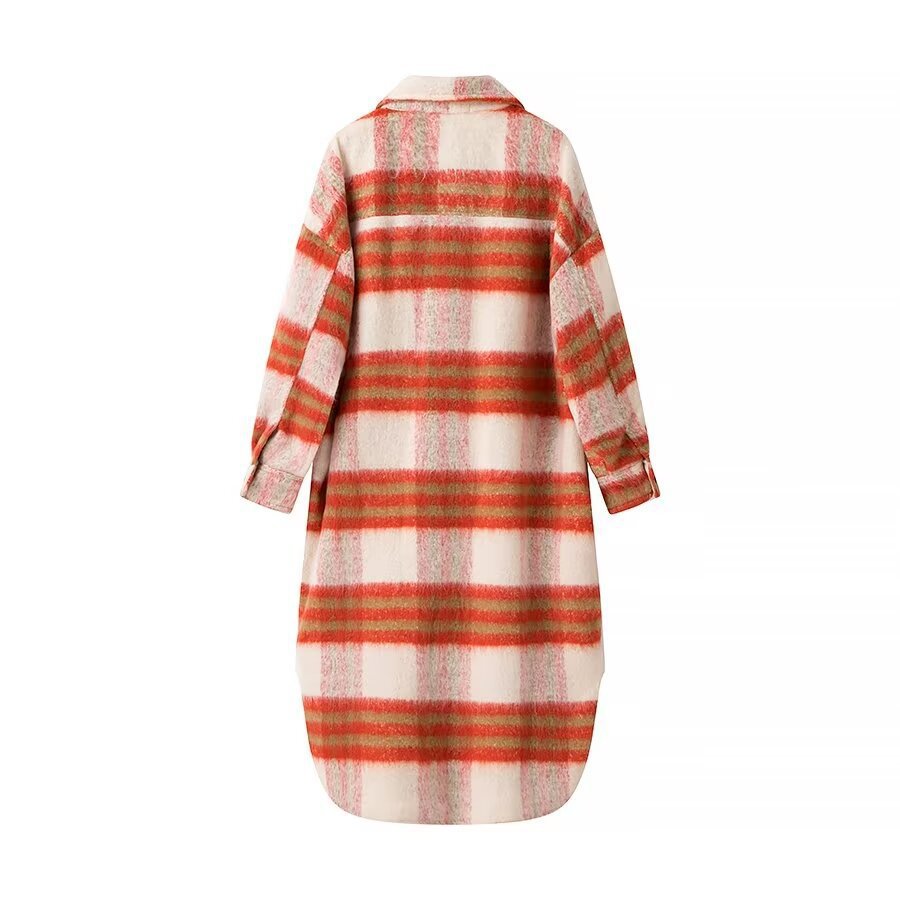 Damen Langer karierter Teddy‑Mantel in Shirtjacken‑Optik mit Hemdkragen und aufgesetzten Taschen Echo Archiv