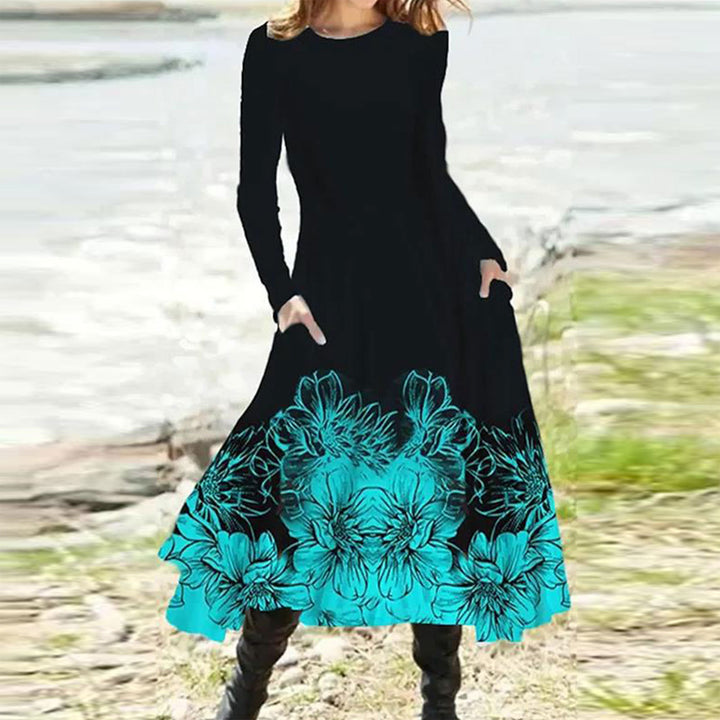 Damen nan fließendes Maxikleid mit Batikkreis-Muster, Rundhalsausschnitt, Taillennaht und Eingrifftaschen Echo Archiv