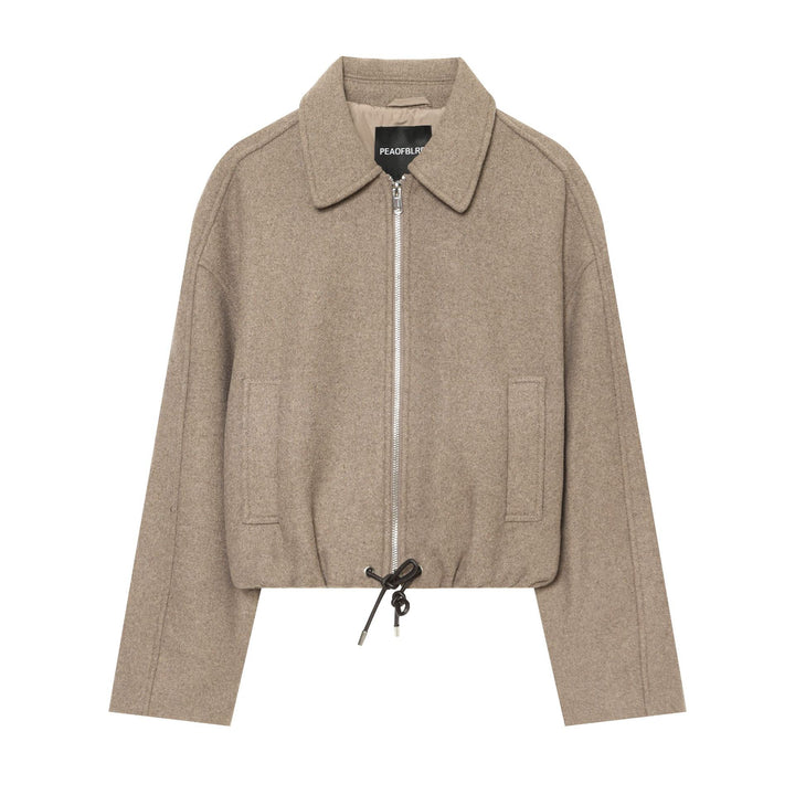 Damen kurze Wolljacke mit durchgehendem Reißverschluss, Umlegekragen und Kordelzugsaum – Célinea