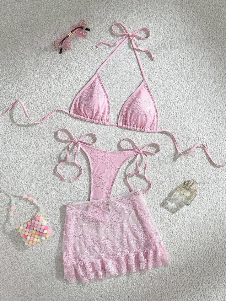 Damen Spitzen-Bikini mit floralem Design und fließendem Rock Echo Archiv