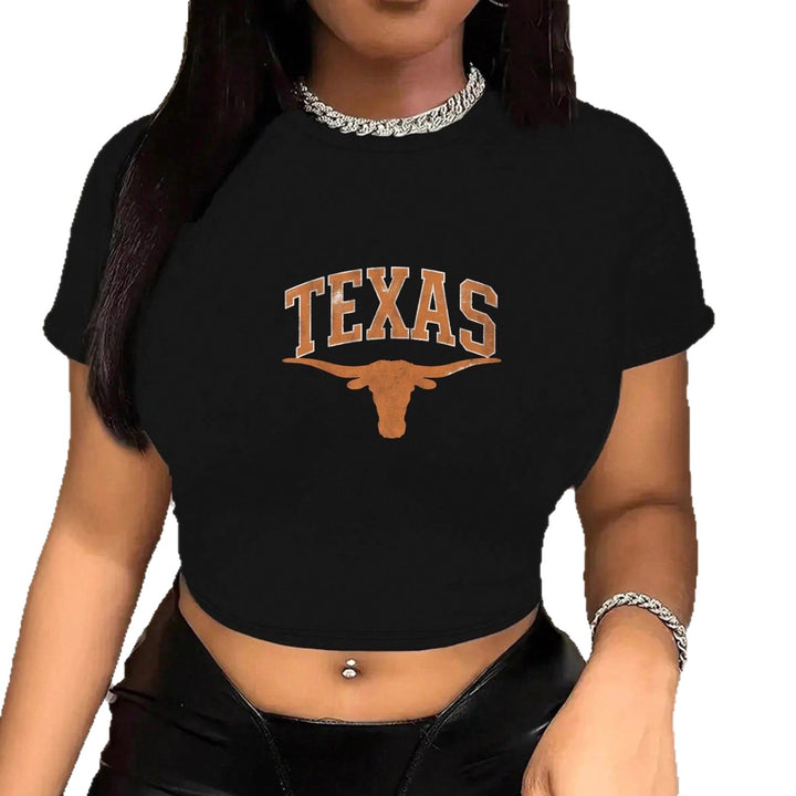 Damen Crop-T-Shirt mit kreativem Texas-Design und figurbetontem Schnitt Echo Archiv