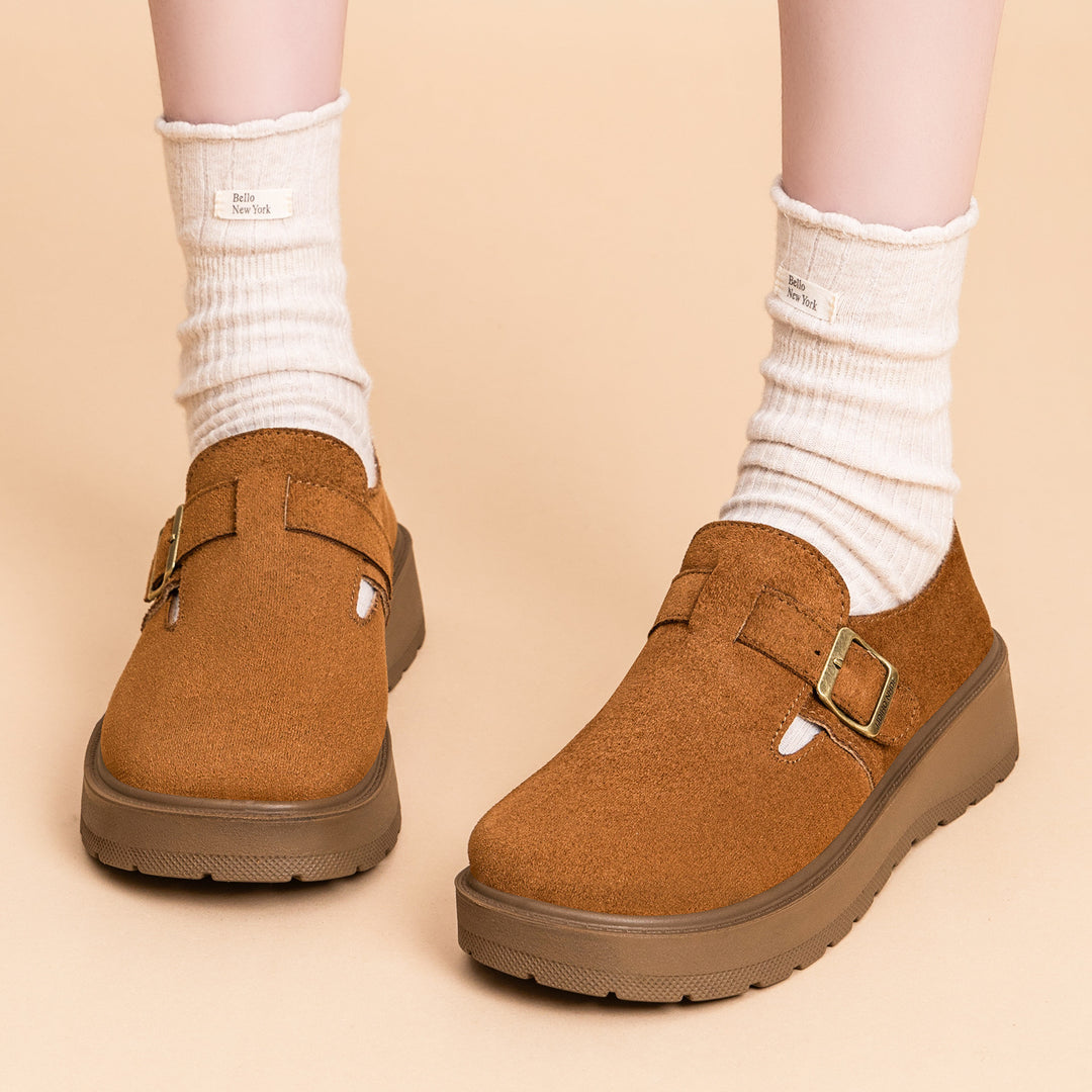 Damen nan Plateau-Mary-Jane Slipper mit Velourslederoberfläche und verstellbarer Metallschnalle Echo Archiv