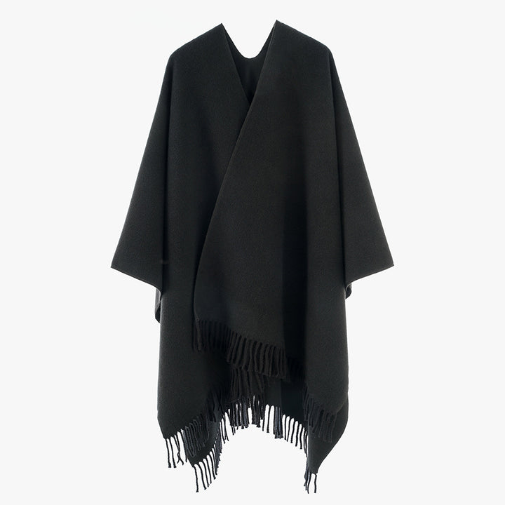 Damen Minimalistischer Wickel‑Capeponcho aus Wollmix mit V‑Ausschnitt und zartem Fransensaum – Avérine